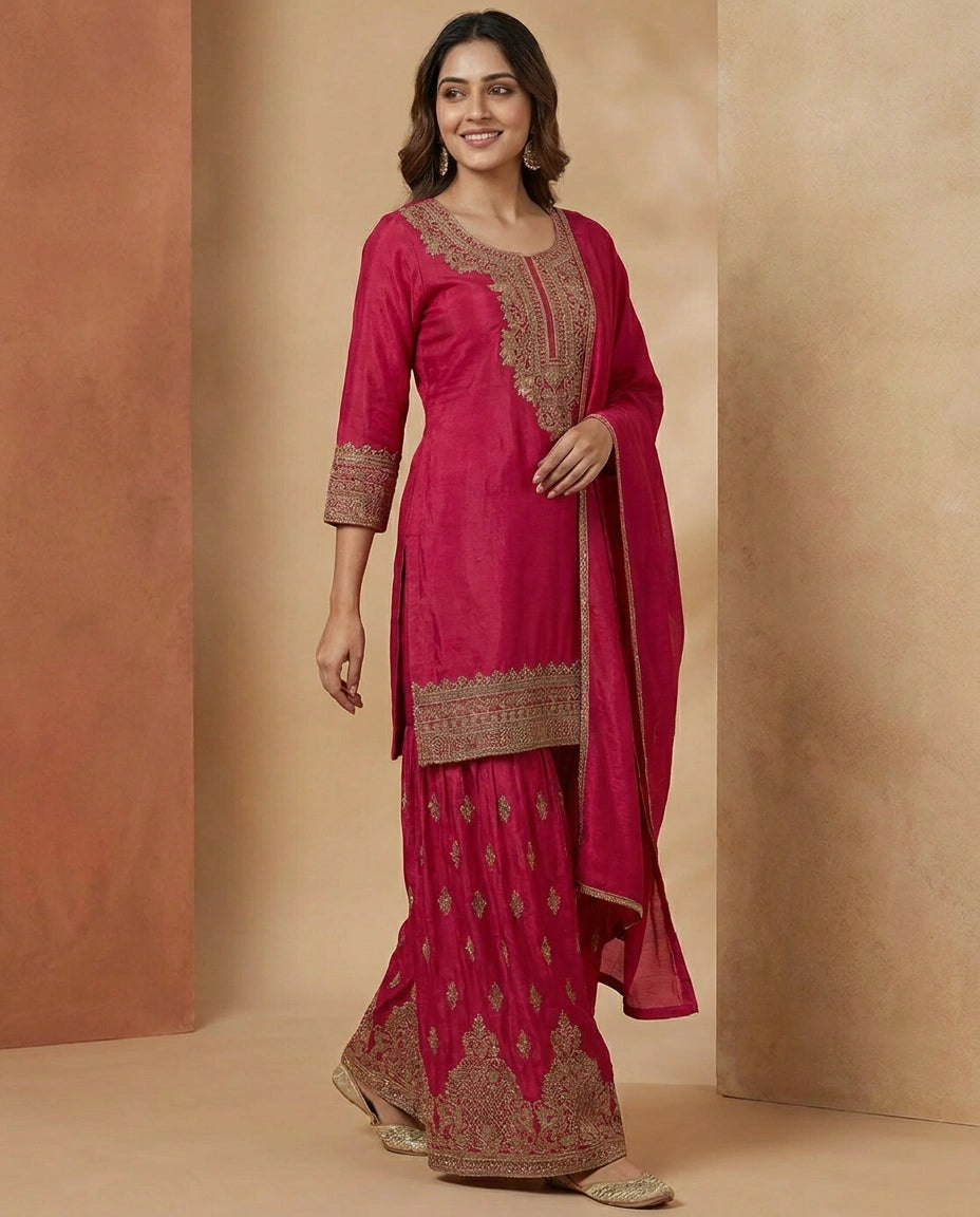 Chinon Sharara Suit in Embroidered - Rangoli India