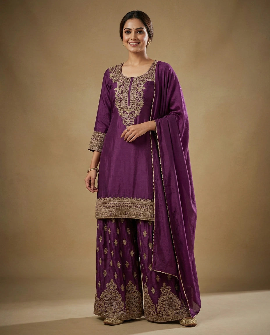 Chinon Sharara Suit in Embroidered - Rangoli India
