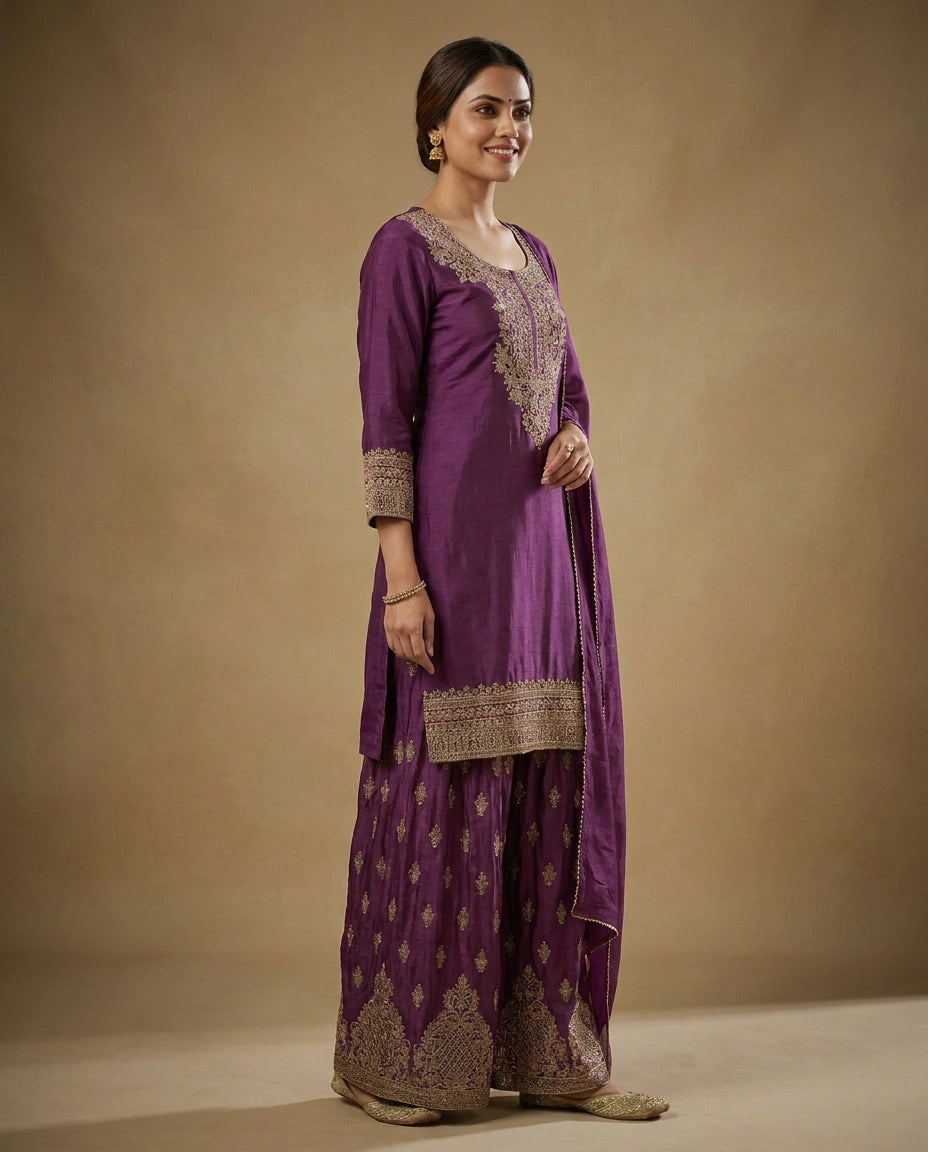 Chinon Sharara Suit in Embroidered - Rangoli India