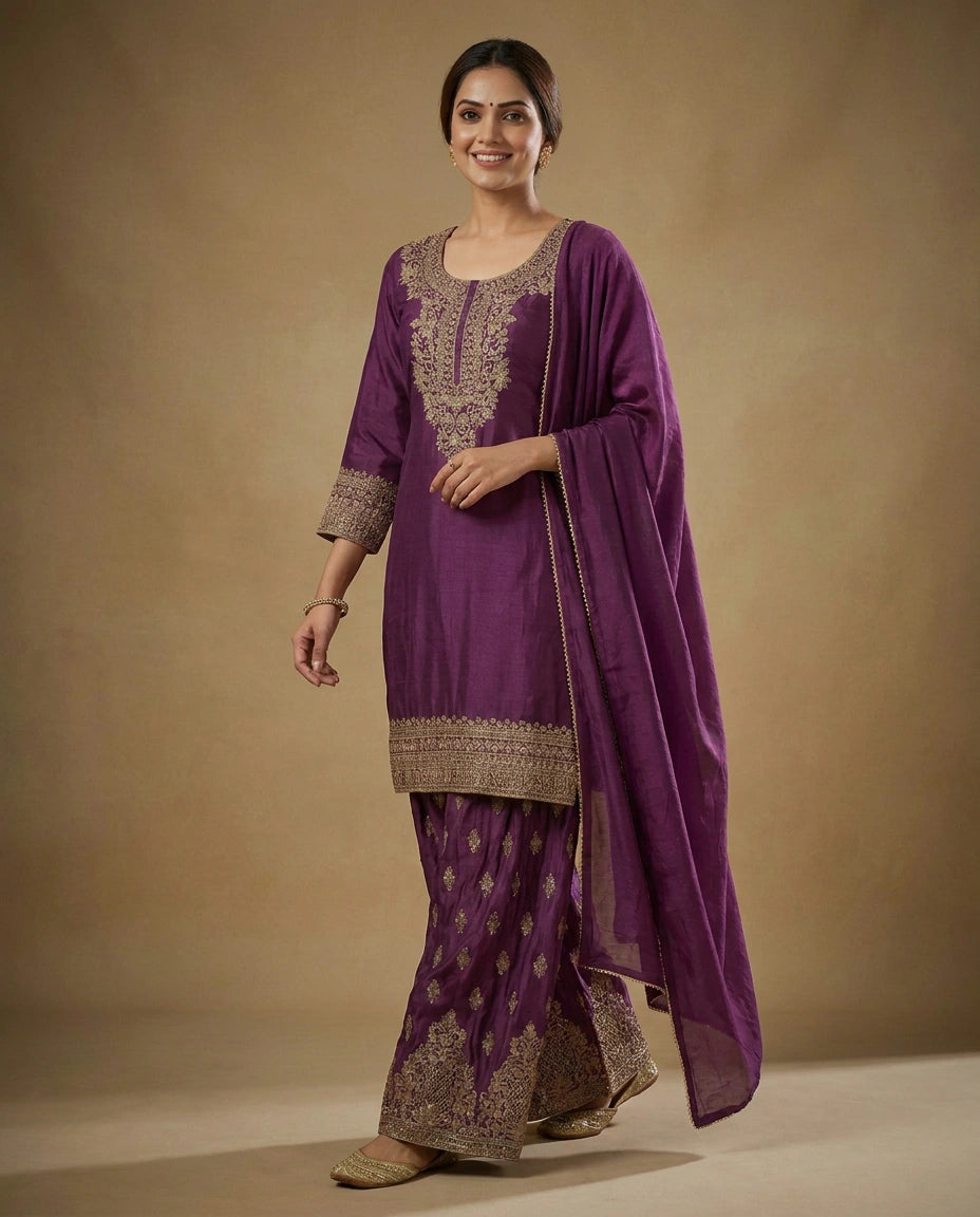 Chinon Sharara Suit in Embroidered - Rangoli India