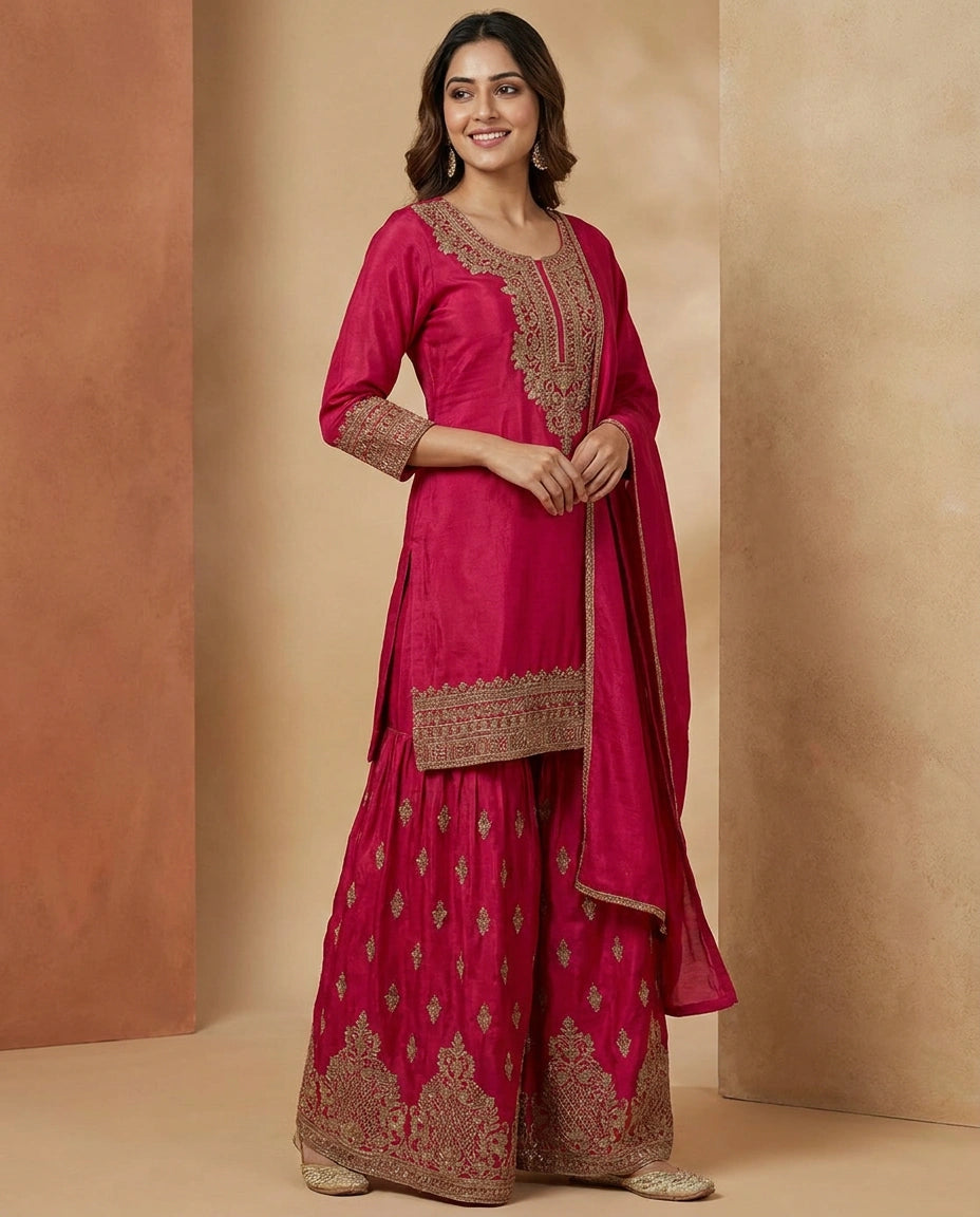 Chinon Sharara Suit in Embroidered - Rangoli India