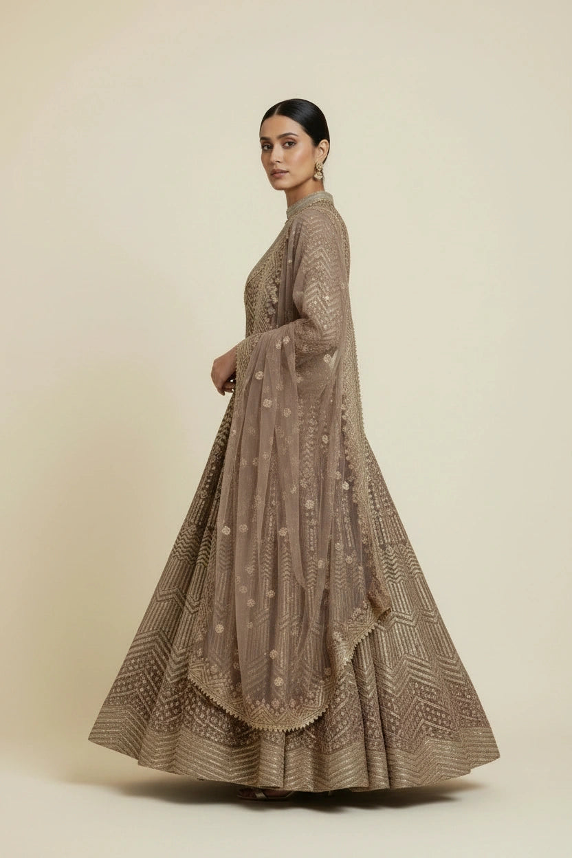 Premium Embroidered Net Suit Gown - View 3 | Rangoli