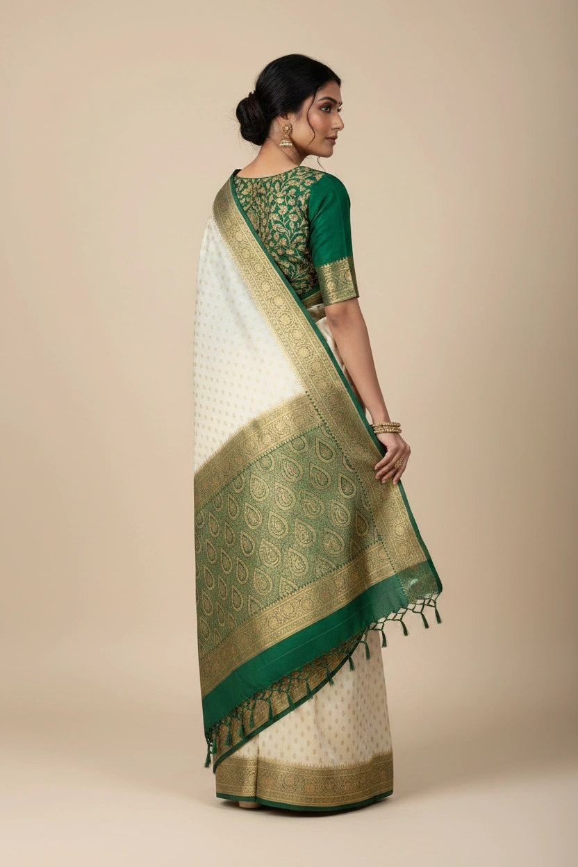 Woman wearing a green and white saree with a beige background