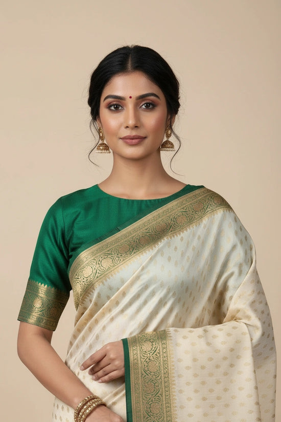 Green White Green Satin Silk Bridal Banarasi Saree - Rangoli India
