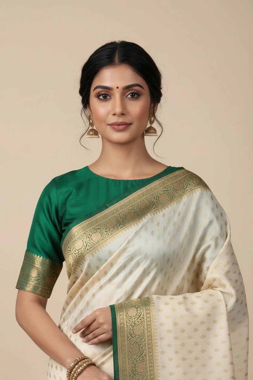 Woman wearing a green and white saree with gold border on a beige background