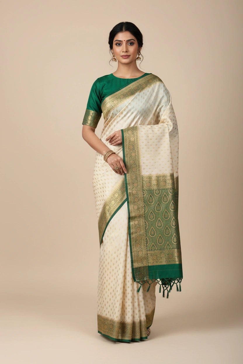 Woman wearing a traditional saree with green and beige patterns on a beige background