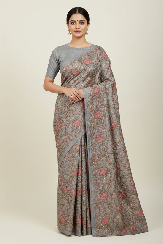 Artisan Pure Tussar Silk Embroidered Saree - Mouse | Rangoli