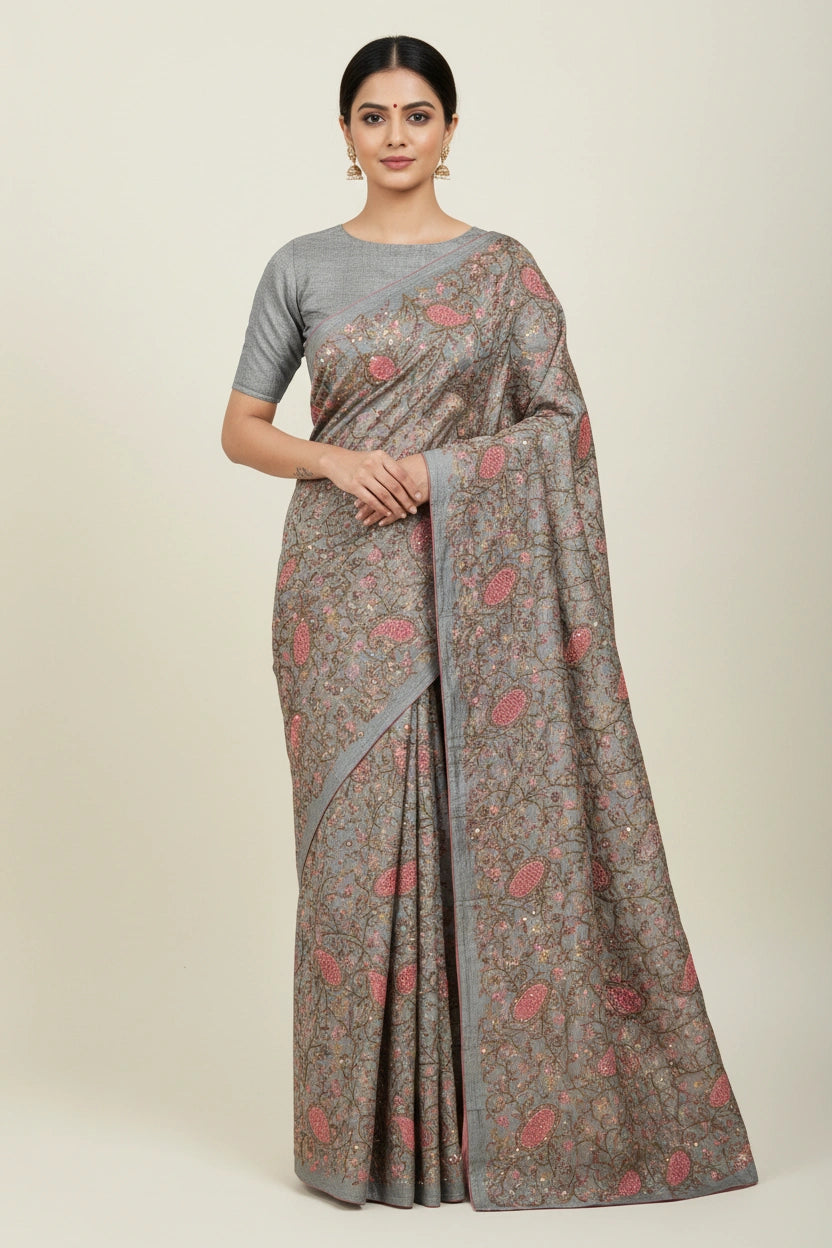Artisan Pure Tussar Silk Embroidered Saree - Mouse | Rangoli