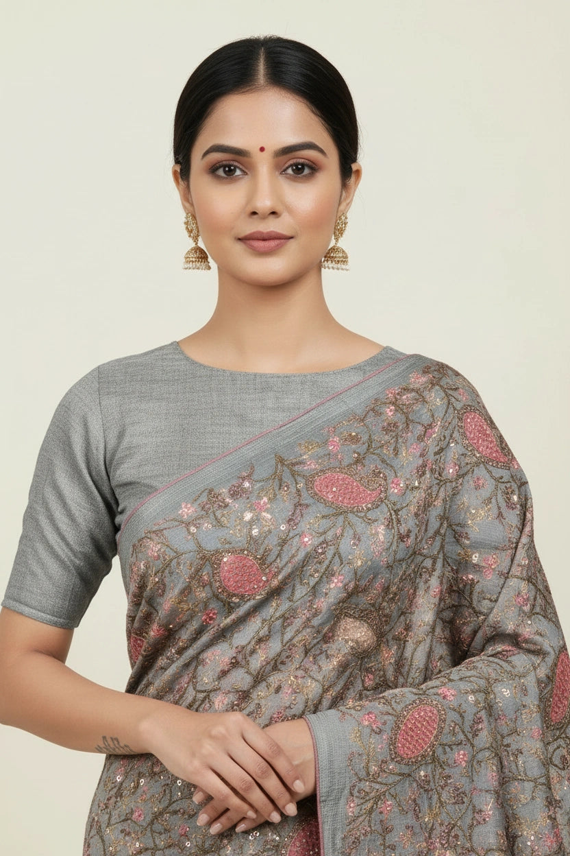 Artisan Pure Tussar Silk Embroidered Saree - Dark Grey | Rangoli