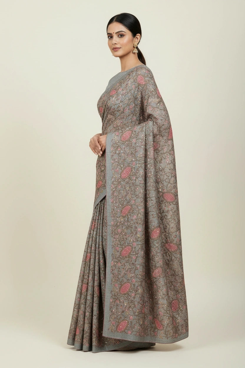 Artisan Pure Tussar Silk Embroidered Saree - Chiku | Rangoli