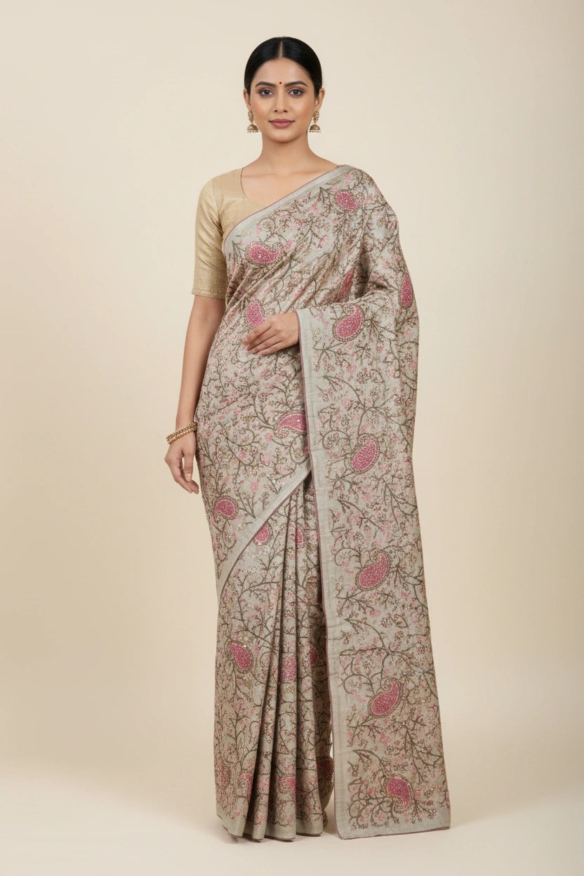 Artisan Pure Tussar Silk Embroidered Saree - Rust | Rangoli