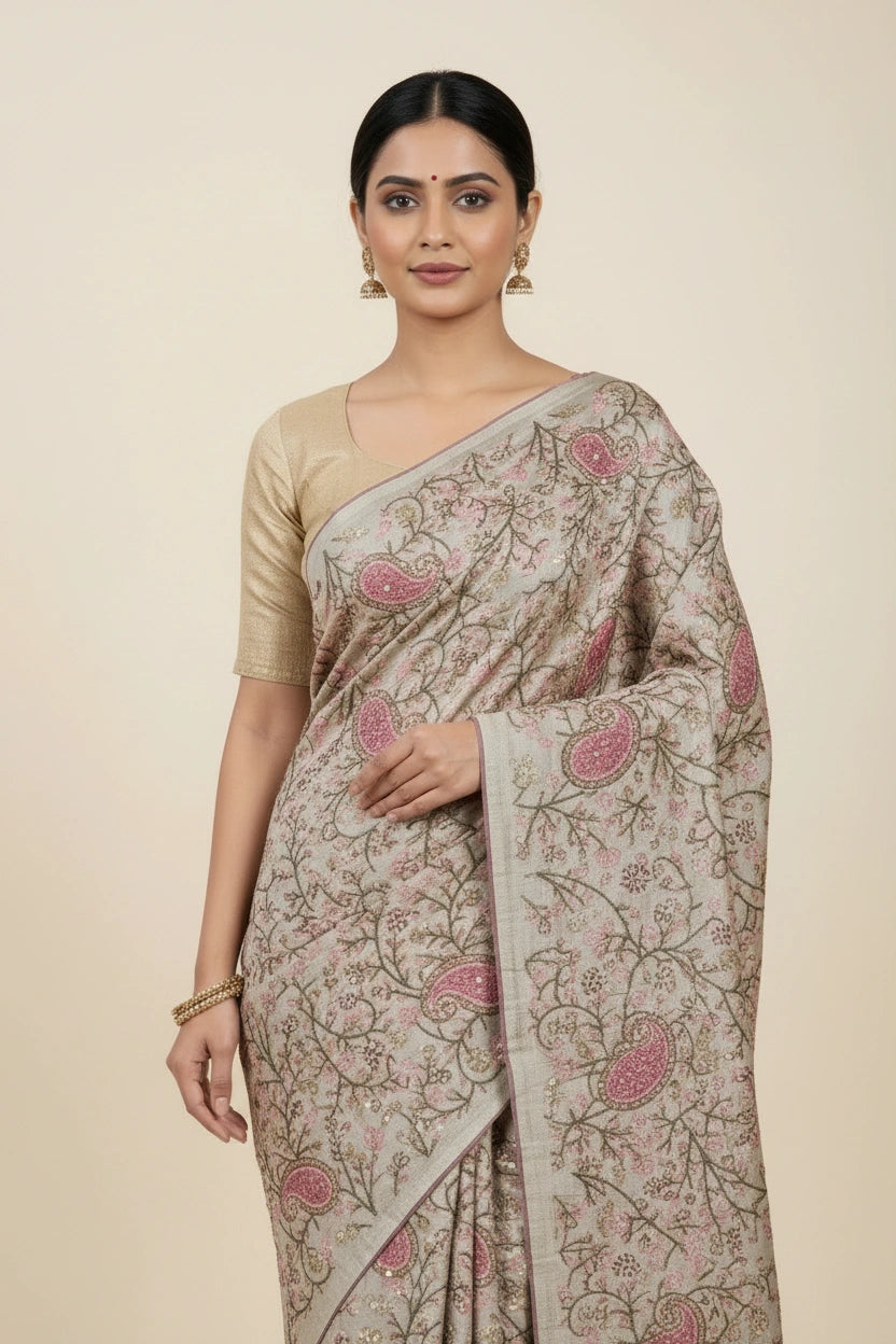 Artisan Pure Tussar Silk Embroidered Saree - Grey | Rangoli