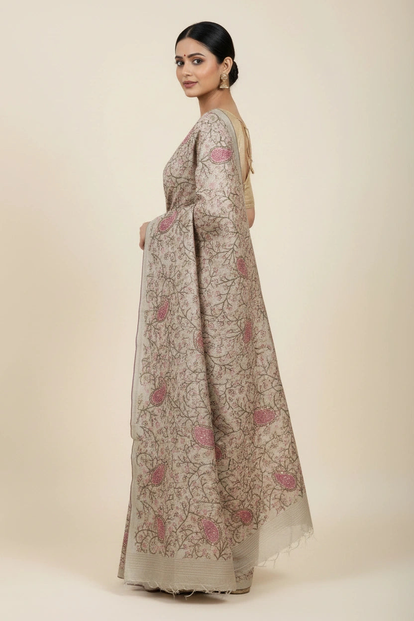 Artisan Pure Tussar Silk Embroidered Saree - Beige | Rangoli
