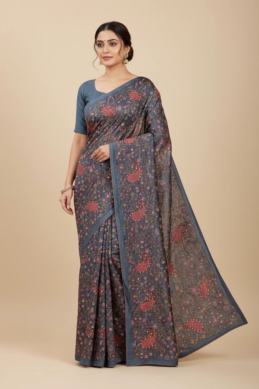 Artisan Pure Tussar Silk Embroidered Saree - Olive Green | Rangoli