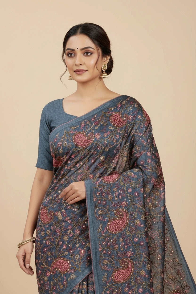 Artisan Pure Tussar Silk Embroidered Saree - Rustish Yellow | Rangoli