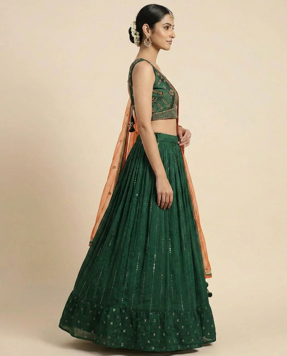 Bottle Green Satin Lehenga with Crop Top for Mehendi