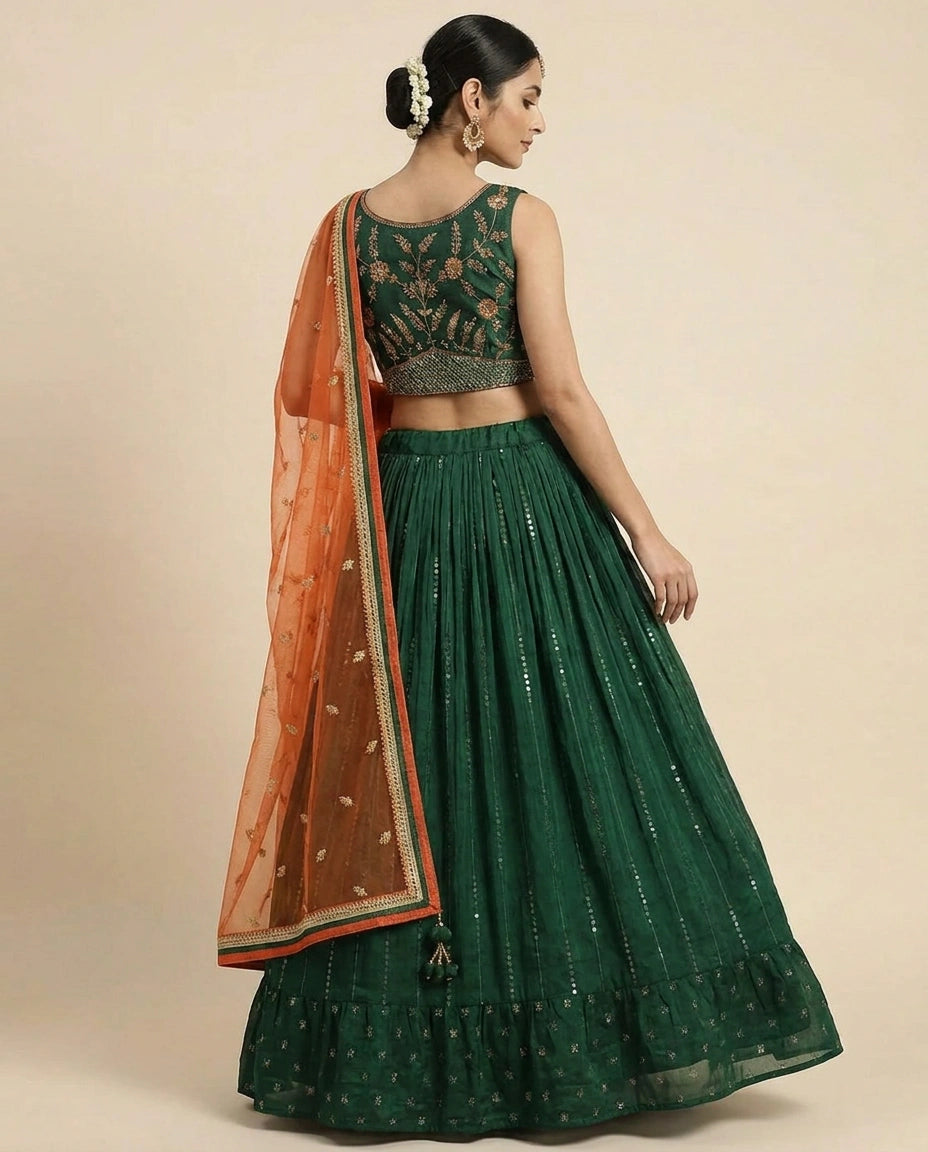 Bottle Green Satin Lehenga with Crop Top for Mehendi
