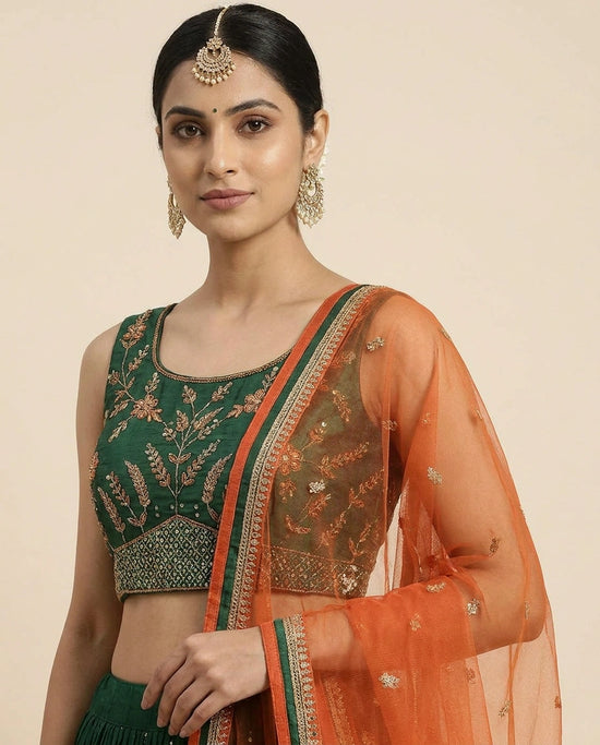 Bottle Green Satin Lehenga with Crop Top for Mehendi