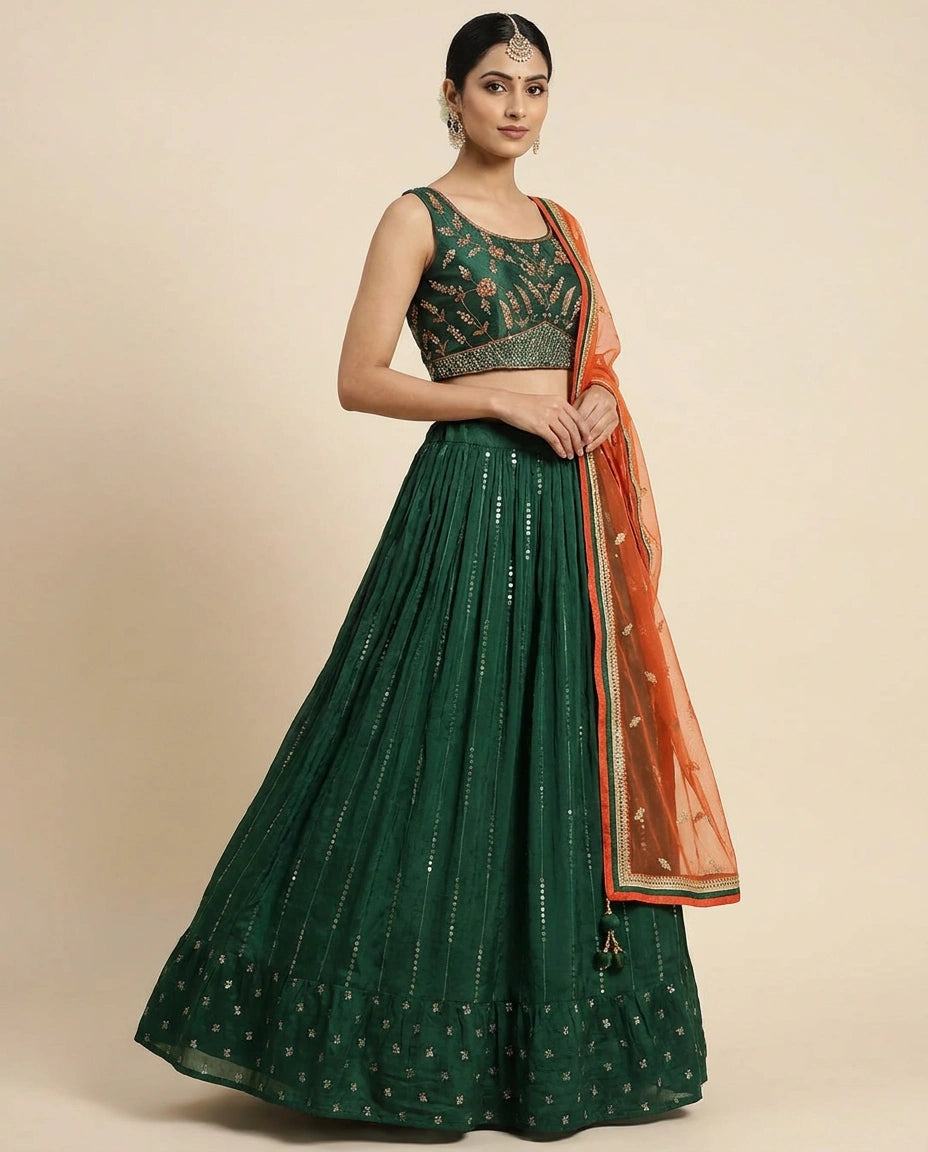 Bottle Green Satin Lehenga with Crop Top for Mehendi