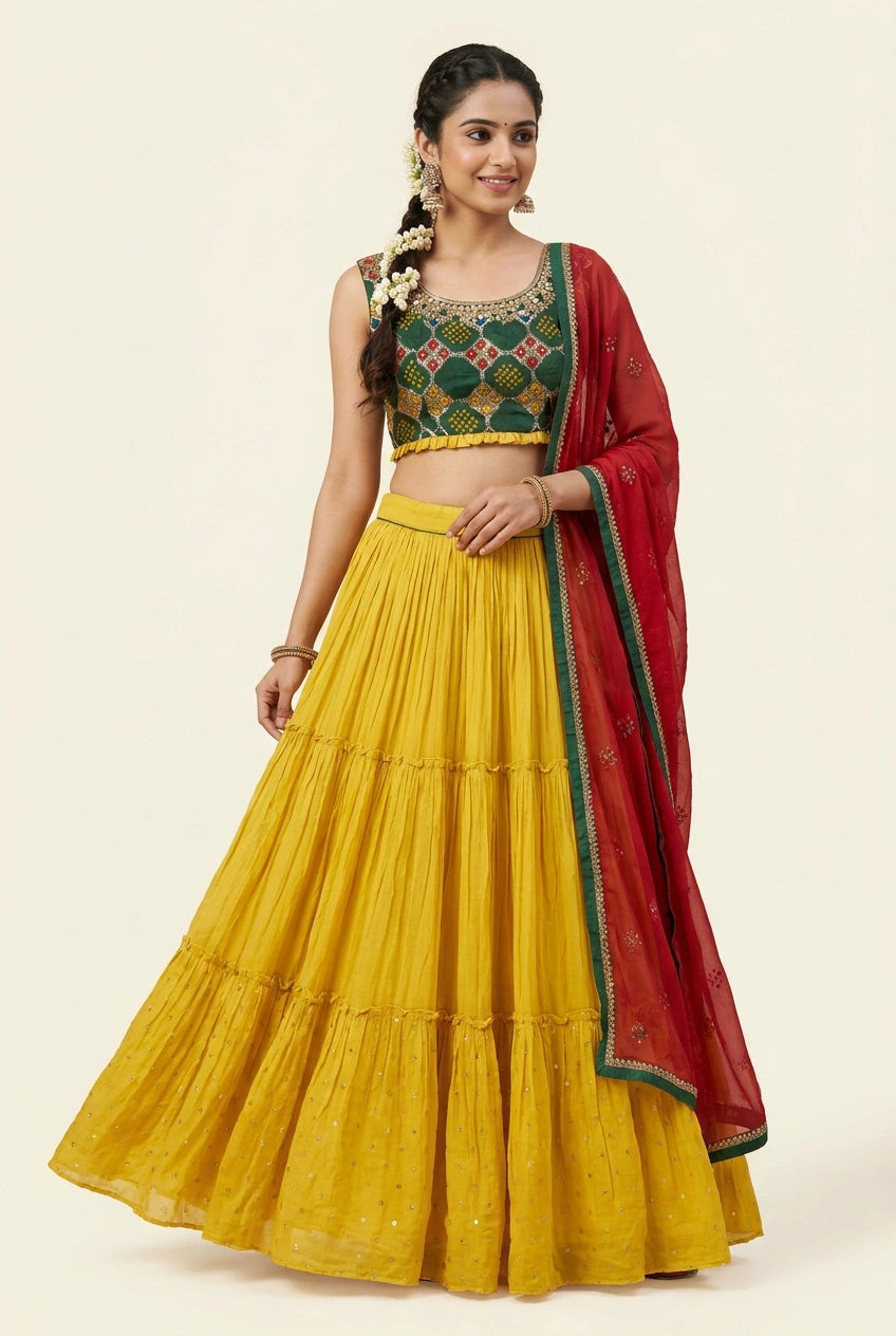 Yellow/Green Georgette Crop Top Lehenga for Sangeet Night