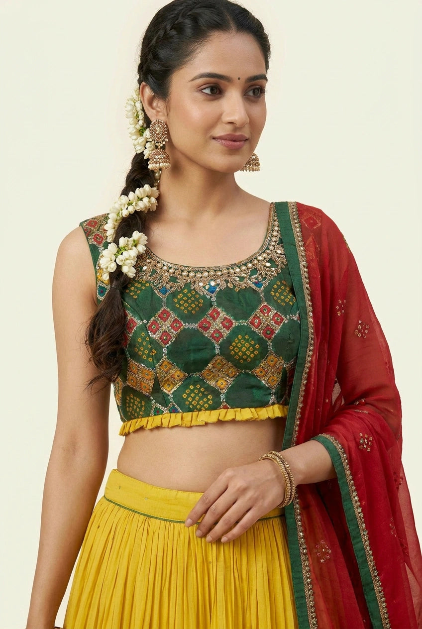 Yellow/Green Georgette Crop Top Lehenga for Sangeet Night