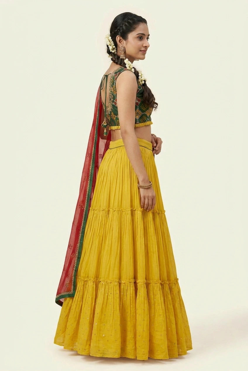 Yellow/Green Georgette Crop Top Lehenga for Sangeet Night