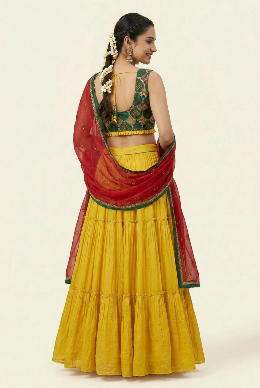 Yellow/Green Georgette Crop Top Lehenga for Sangeet Night