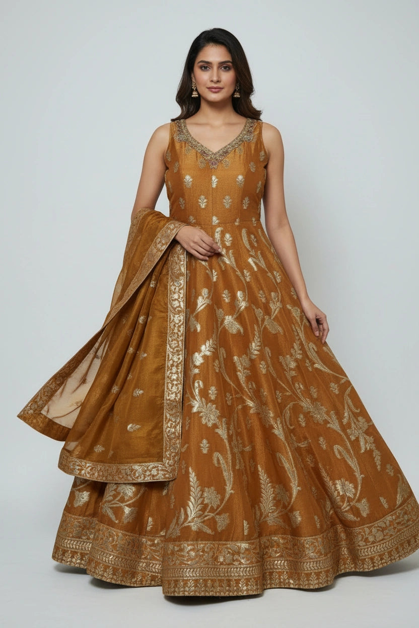 Artisan Tissue Anarkali Suit Set - Orange | Rangoli