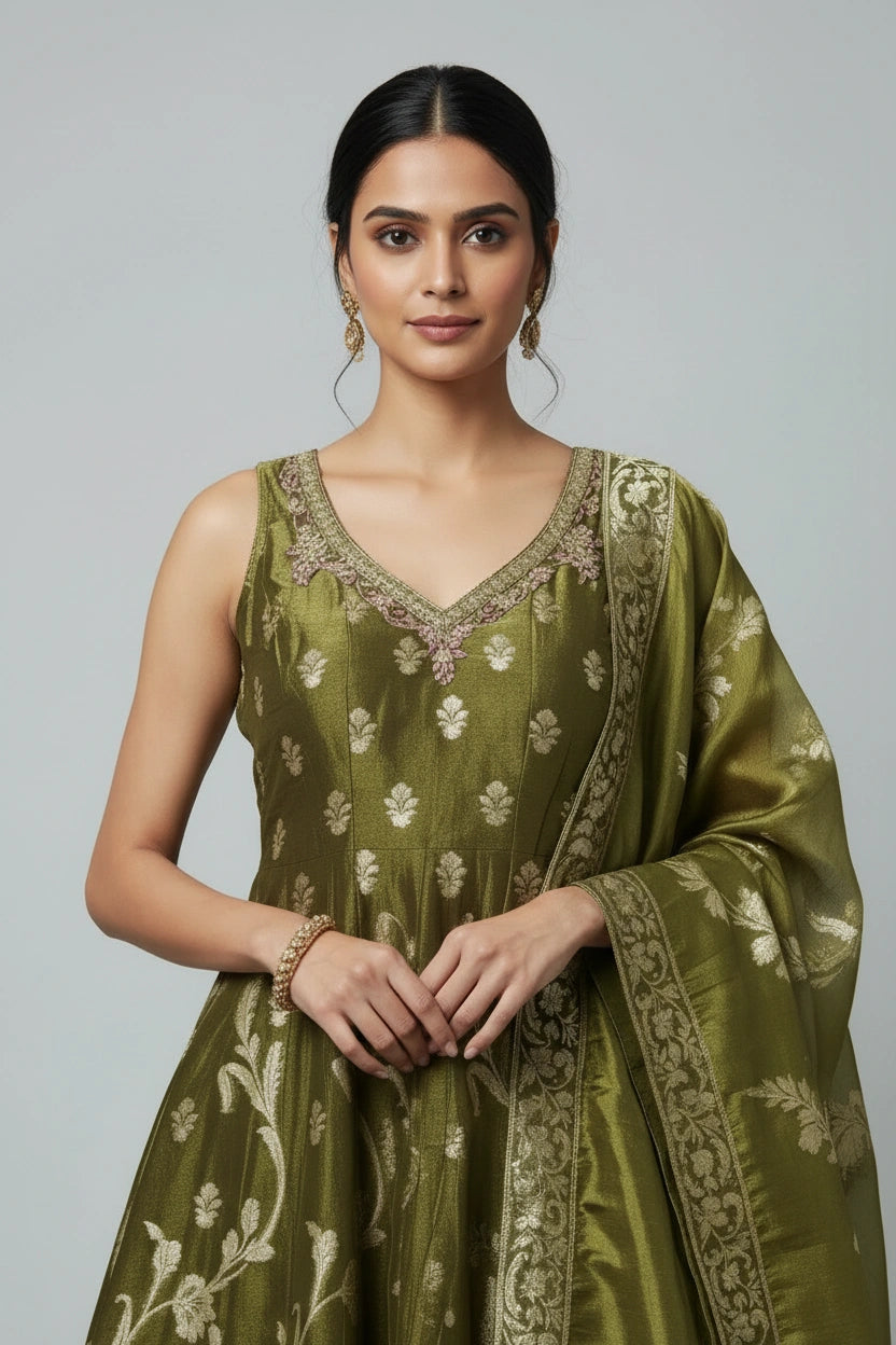 Artisan Tissue Anarkali Suit Set - Onion Pink | Rangoli