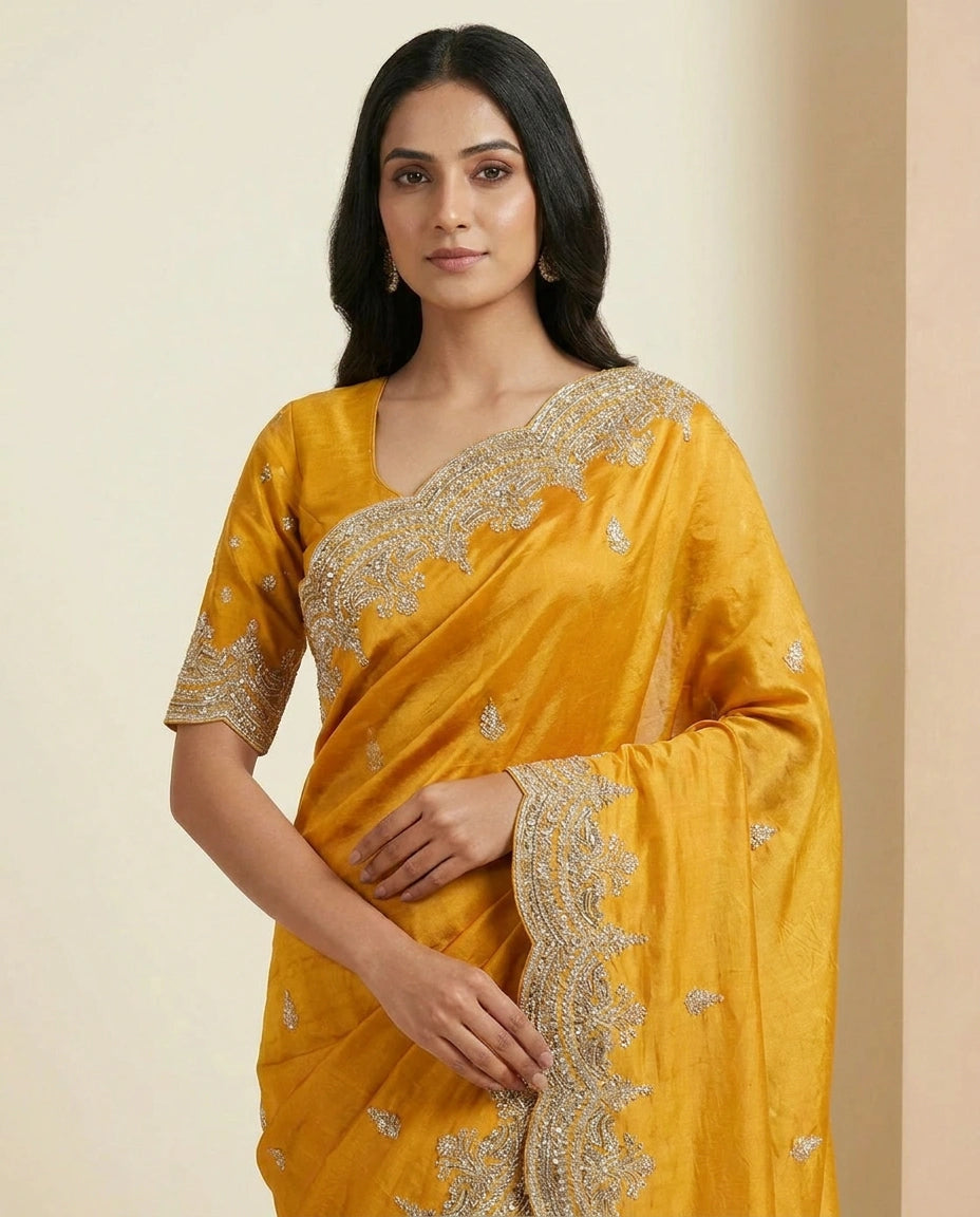 Organza Saree with Hand-Embroidered Thread and Zari Work