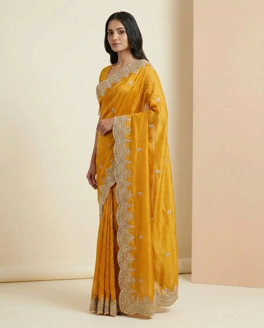 Organza Saree with Hand-Embroidered Thread and Zari Work by Rangoli