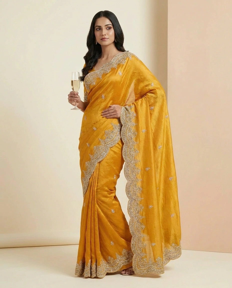 Organza Saree with Hand-Embroidered Thread and Zari Work by Rangoli