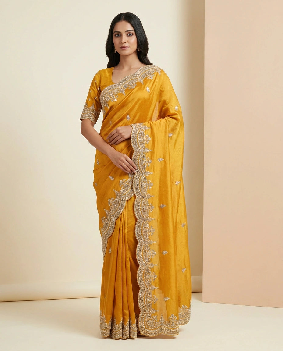 Organza Saree with Hand-Embroidered Thread and Zari Work