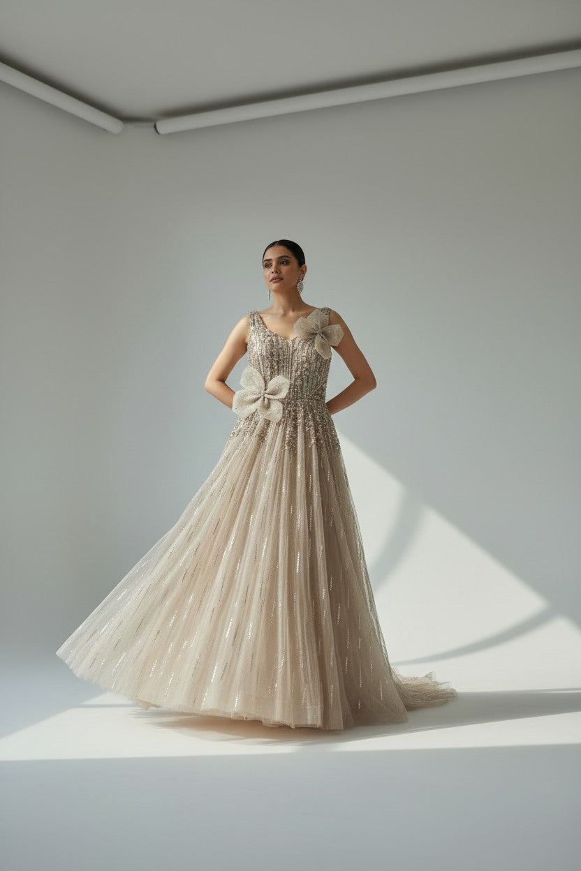 Artisan Embroidered Net Suit Gown - View 2 | Rangoli