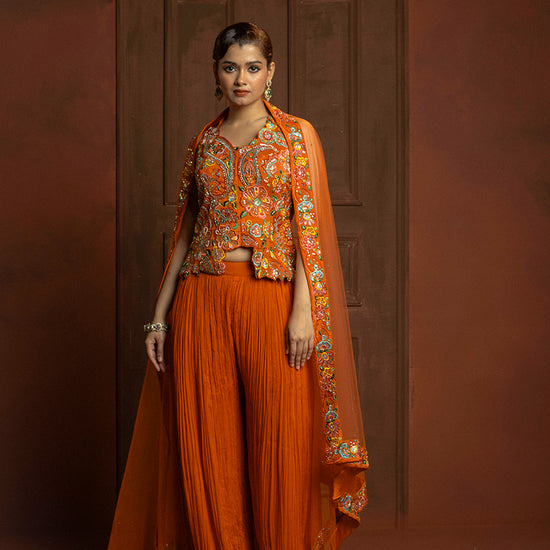 Helen Orange Floral Work Palazzo Suit - georgette Indian ethnic wear by Rangoli