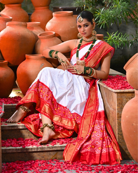 Off White Ikkat Durga Puja Saree with Red Border