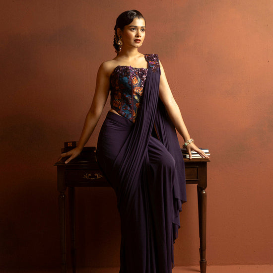 Helen Purple Chanderi & Silk Corset Fit Saree - silk Indian ethnic wear by Rangoli