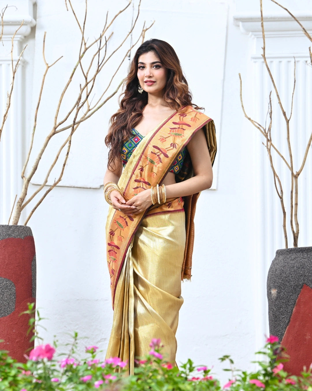 Gold Kanchipuram Durga Puja Saree with Woven Border — photo 3 of 4