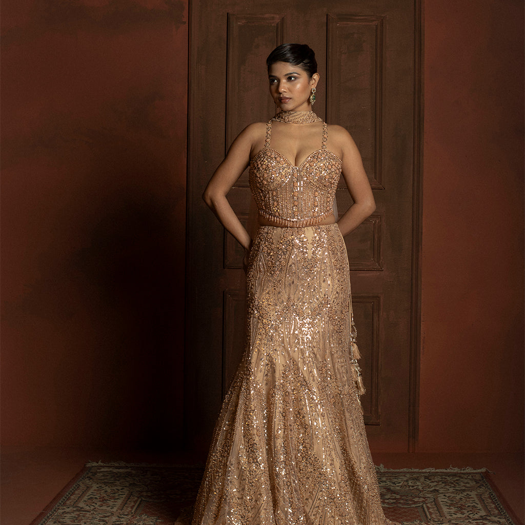 Rose Gold Embroidered Mermaid Lehenga with Corset Blouse - net Indian ethnic wear by Rangoli