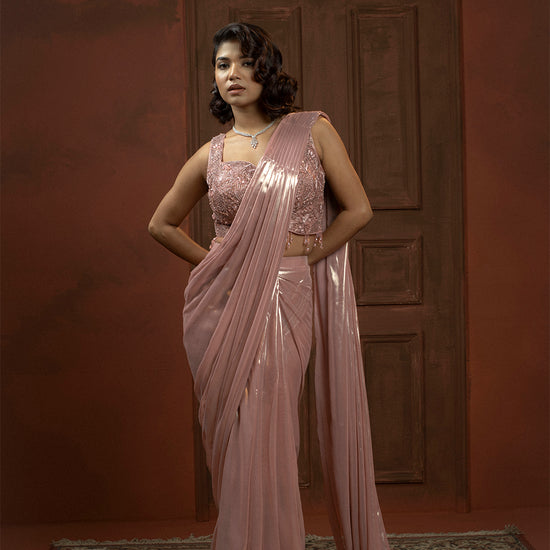 Helen Pink Saree With Designer Blouse - lycra Indian ethnic wear by Rangoli