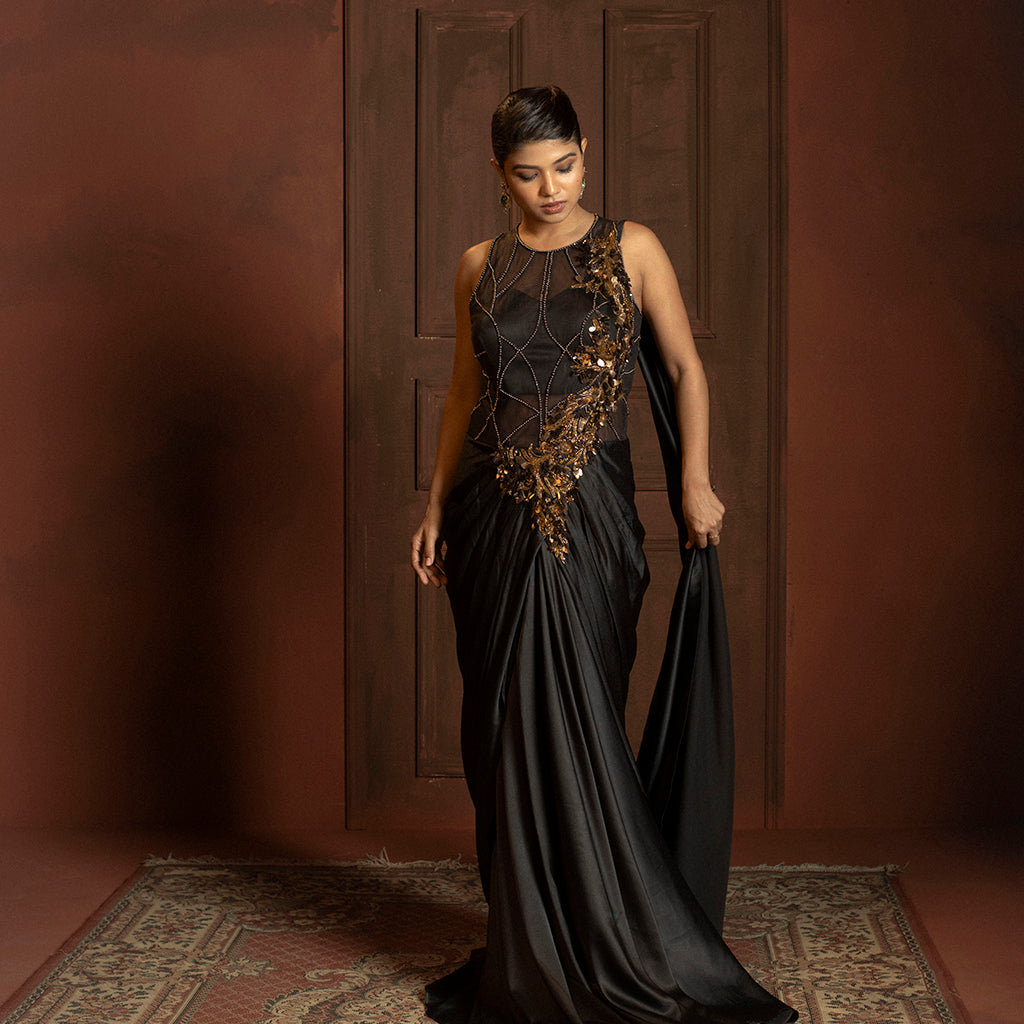 Black Pre-Draped Saree with Mesh Bodice & 3D Floral Embroidery