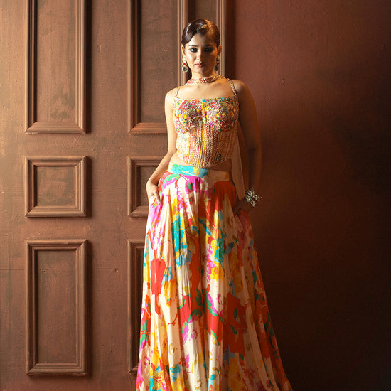 Helen Multi Color Floral Printed Palazzo with Corset Blouse - crepe Indian ethnic wear by Rangoli