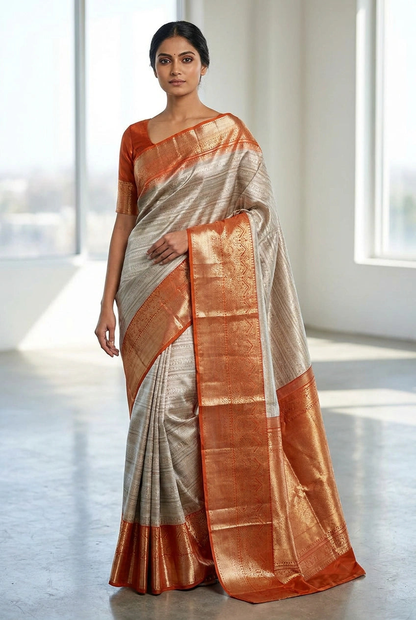 Silver and Orange Katan Silk Kanchipuram Saree Silk Saree by Rangoli