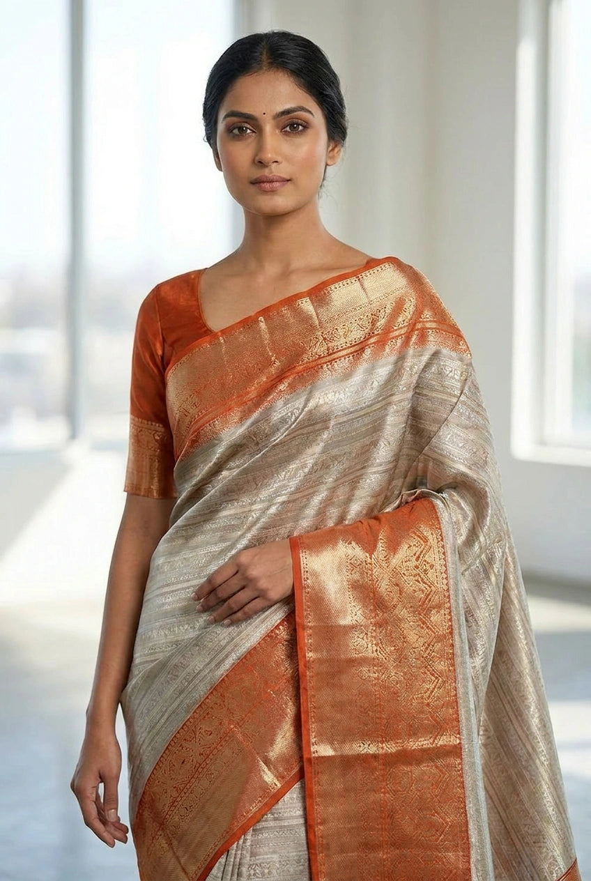 Silver and Orange Katan Silk Kanchipuram Saree Silk Saree by Rangoli
