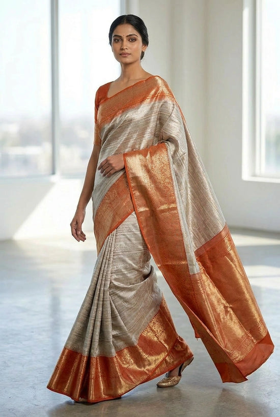 Silver and Orange Katan Silk Kanchipuram Saree Silk Saree by Rangoli