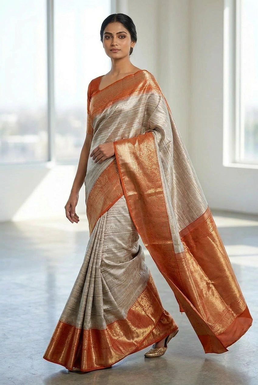 Silver And Orange Katan Silk Kanchipuram Saree for Bridal Wear