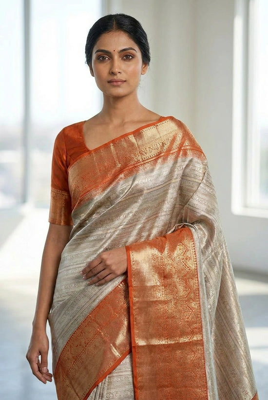 Silver and Orange Katan Silk Kanchipuram Saree Silk Saree by Rangoli