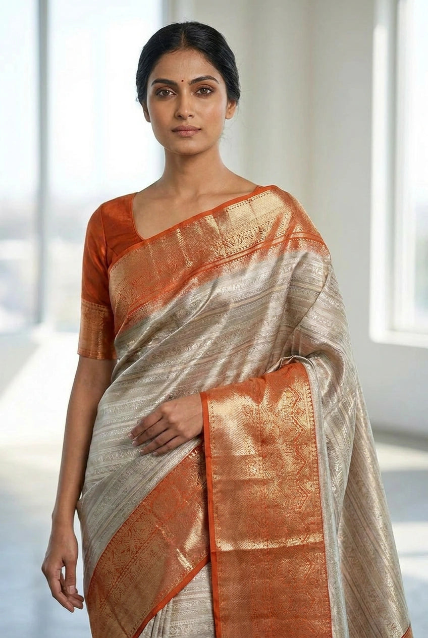 Silver And Orange Katan Silk Kanchipuram Saree for Bridal Wear
