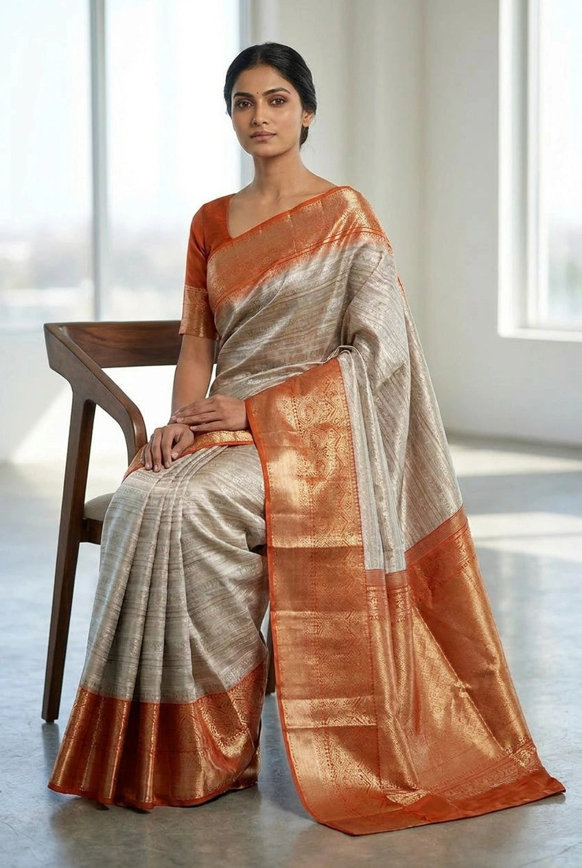 Silver and Orange Katan Silk Kanchipuram Saree Silk Saree by Rangoli
