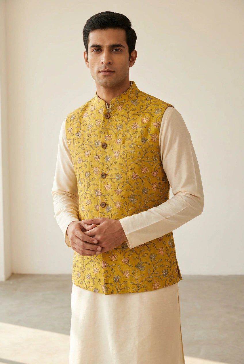 Tussar Silk Nehru Jacket with Self Weave for Reception Evening
